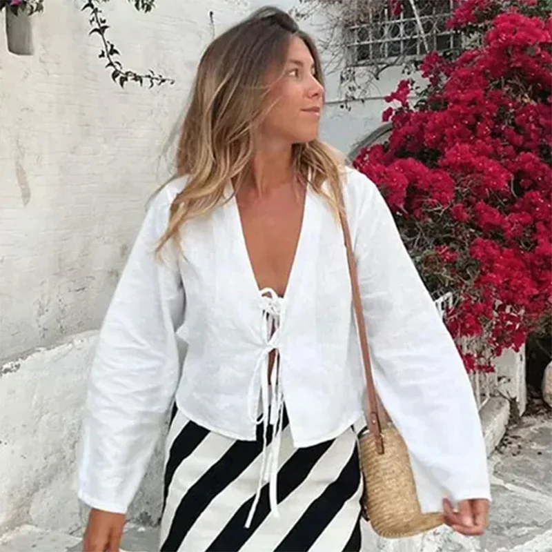 RBB Women's Elegant Lace-Up Bow Shirt – V-Neck Long Flare Sleeve Top