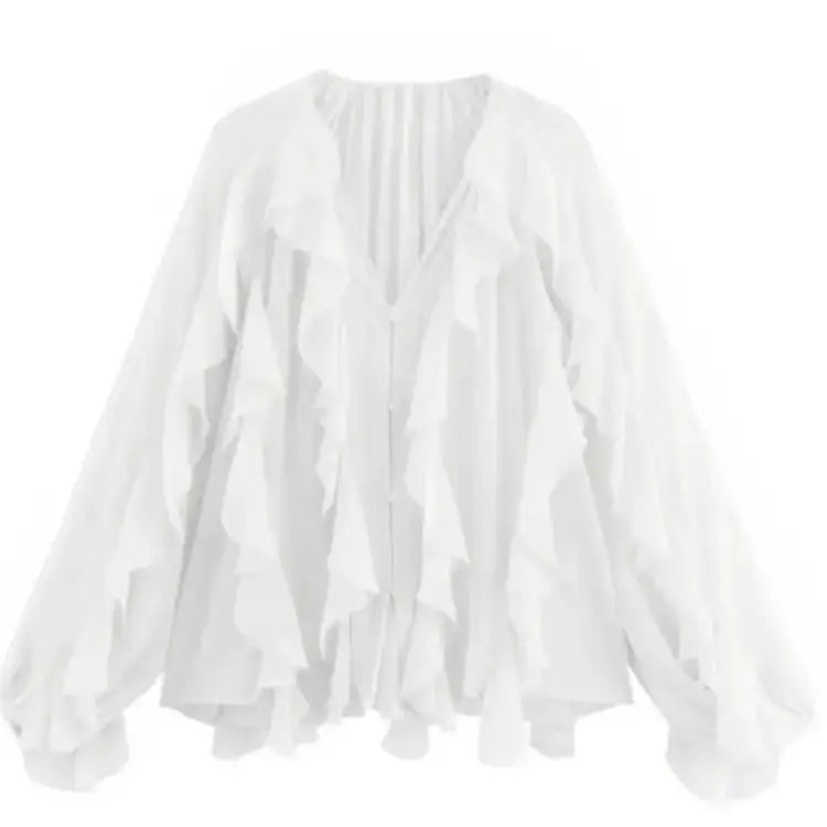 RBB Women's Summer V-Neck Ruffle Blouse – Sheer Tiered Button-Front Beach Top