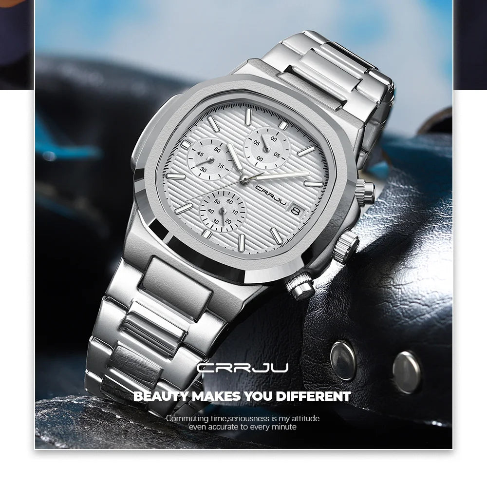 RBB Men's Luxury Quartz Watch – Stainless Steel, Square Case, Luminous & Waterproof