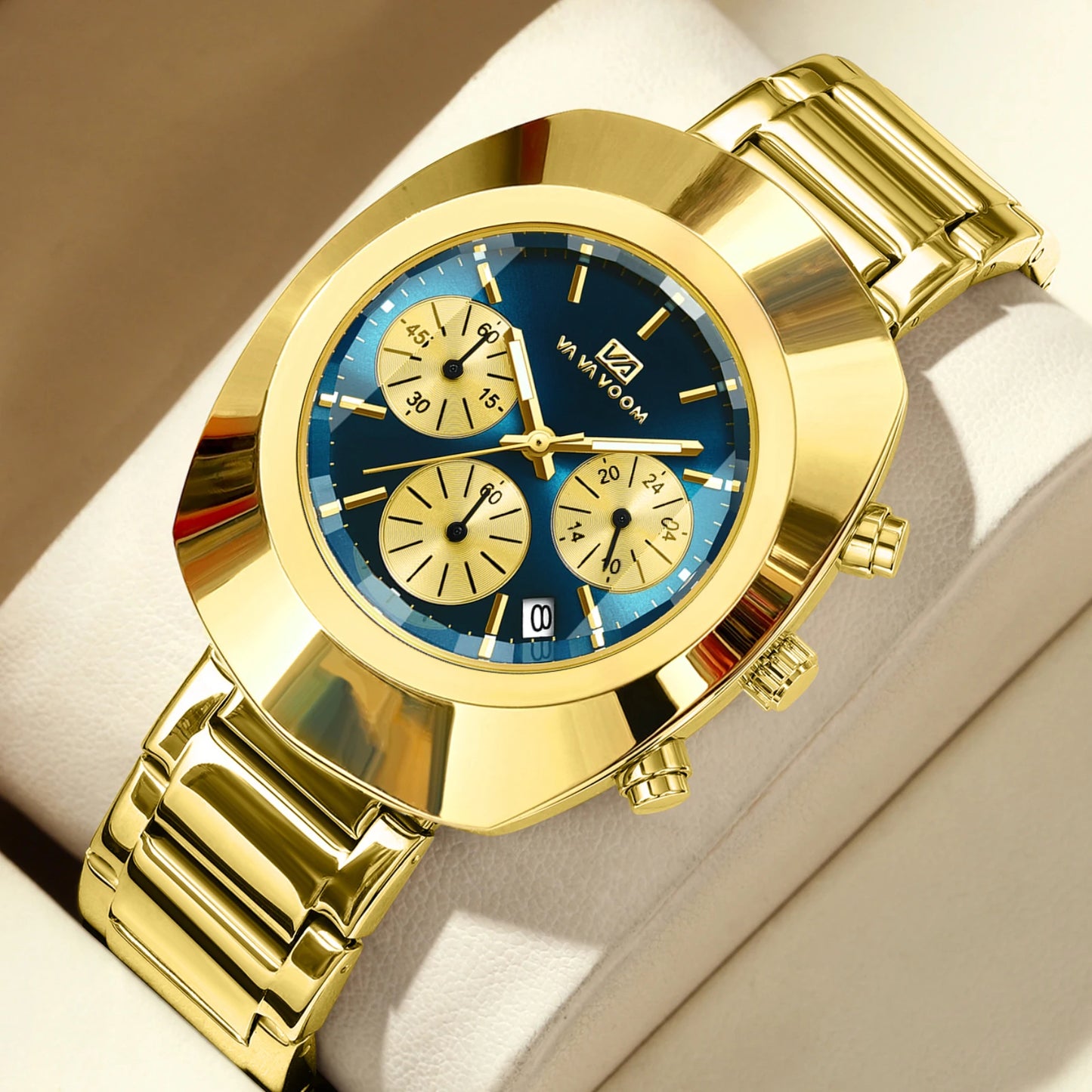 RBB Men's Multifunctional Quartz Watch – Blue & Gold Oval Dial with Stainless Steel Strap