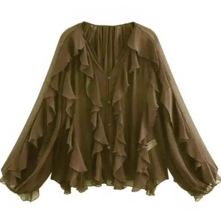 RBB Women's Summer V-Neck Ruffle Blouse – Sheer Tiered Button-Front Beach Top