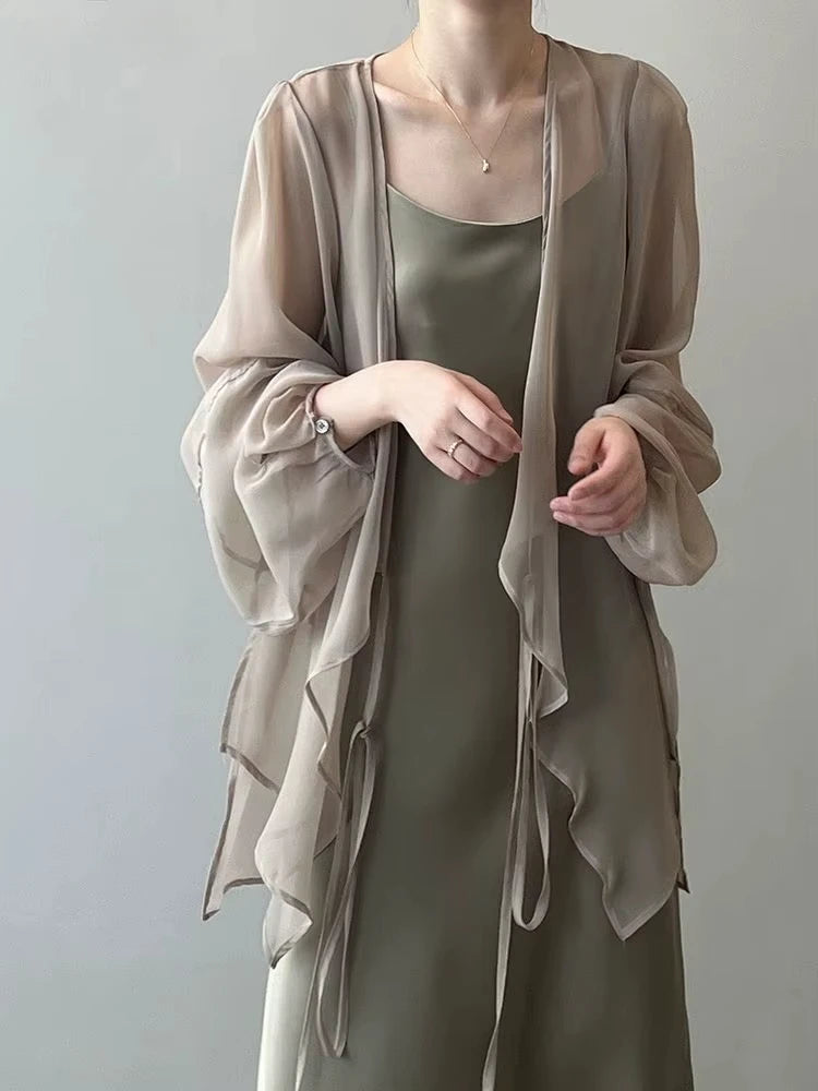 RBB Women's V-Neck Chiffon Shirt – Loose Fit Lace-Up Long Sleeve Summer Blouse