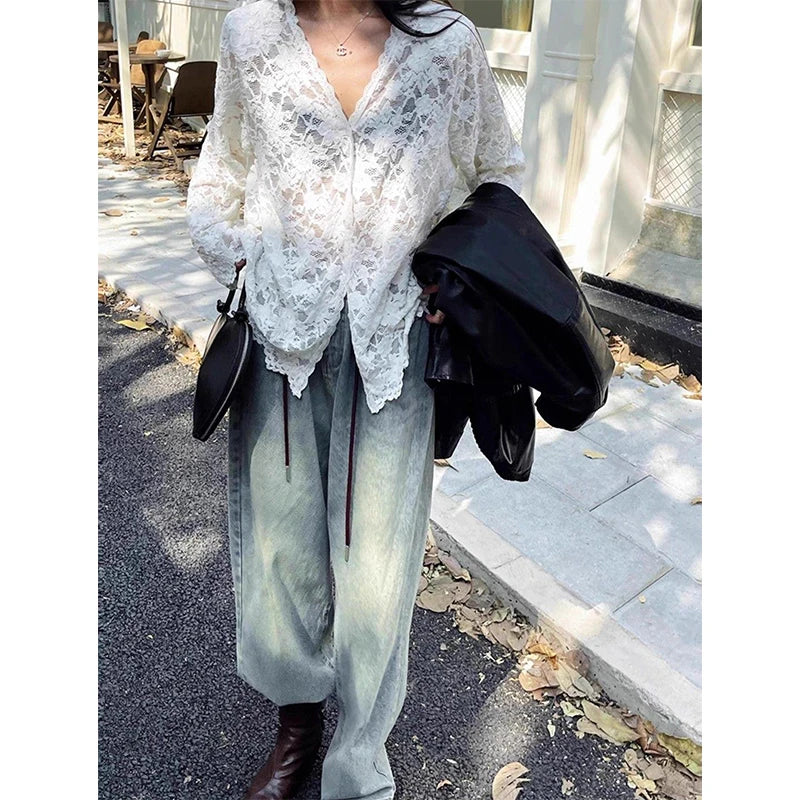 RBB Women's Y2K Lace Sheer Shirt – Sexy Hollow-Out Long Sleeve Streetwear Top