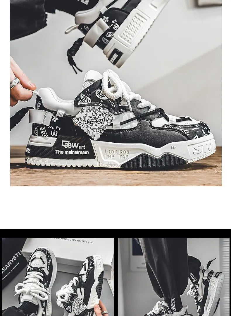 Men’s 2025 Platform Sneakers – Trendy Graffiti Skateboard Lace-Up, Soft Sole, Non-Slip Outdoor Sports Shoes
