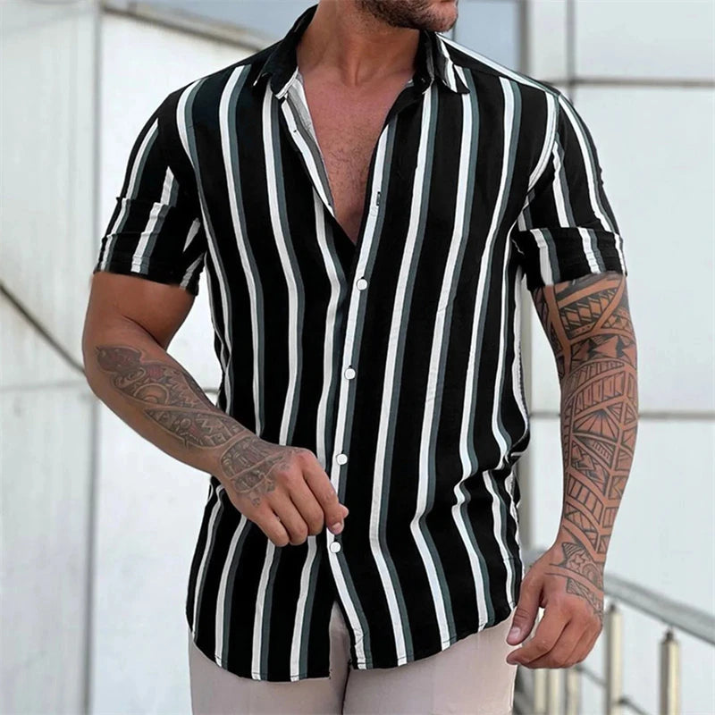 RBB Men's Striped Short Sleeve Button-Up T-Shirt – Turn-Down Collar Casual Summer Fashion Top