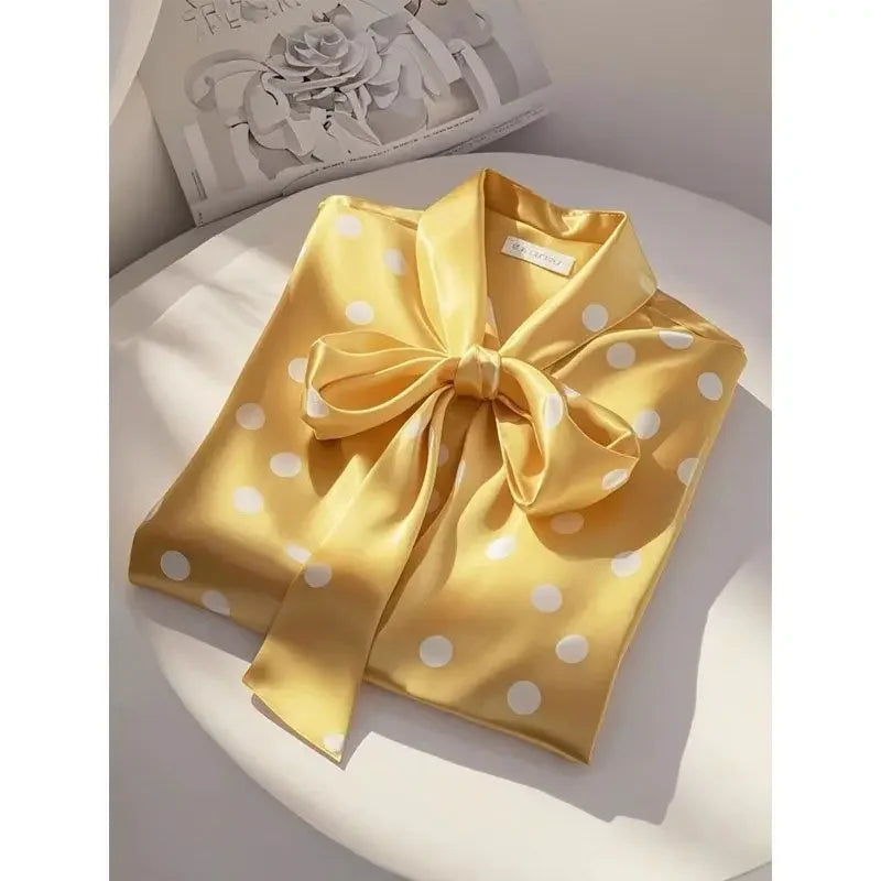 RBB Women's Satin Polka Dot Blouse – Elegant Lace-Up Bow Long Sleeve Top