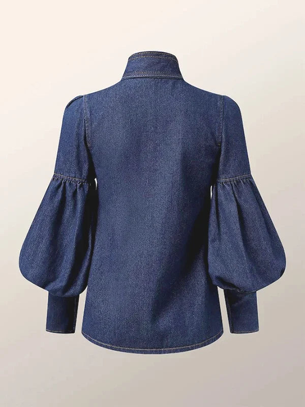 RBB Women's Imitation Denim Blouse – High Neck Puff Sleeve Top with Bow Detail