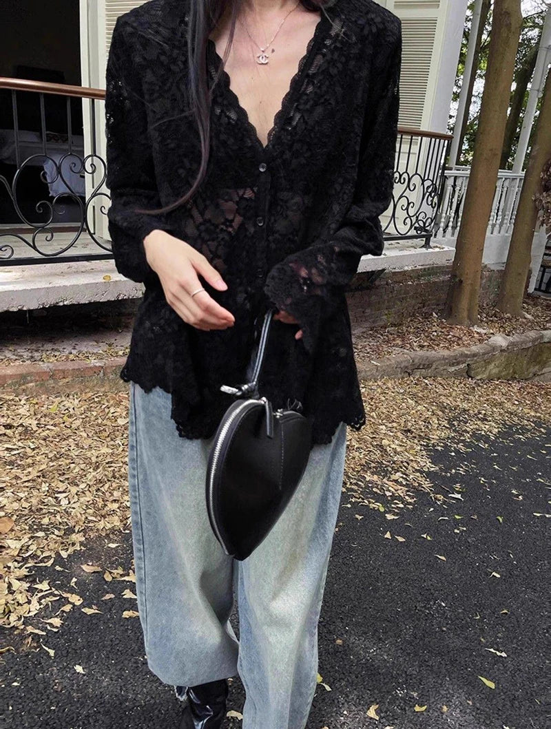 RBB Women's Y2K Lace Sheer Shirt – Sexy Hollow-Out Long Sleeve Streetwear Top