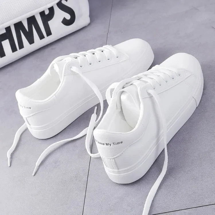 Women’s PU Leather Vulcanized Platform Sneakers – Classic White Casual Shoes