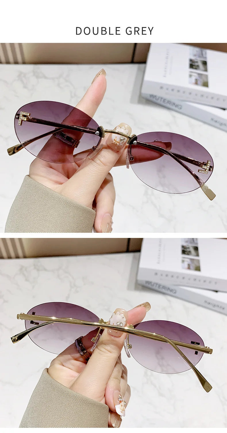 RBB Retro Oval Rimless Sunglasses – Unisex Elegant Diamond Style with Letter “F” Detailing