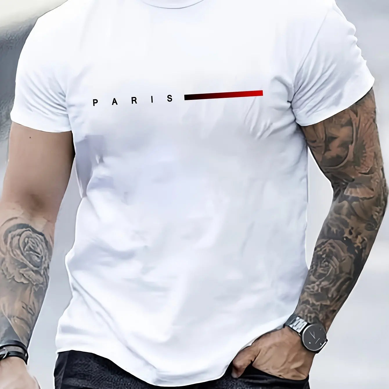 RBB Men’s 100% Cotton Summer Slim Fit PARIS Letter Print Round Neck Short Sleeve T-Shirt
