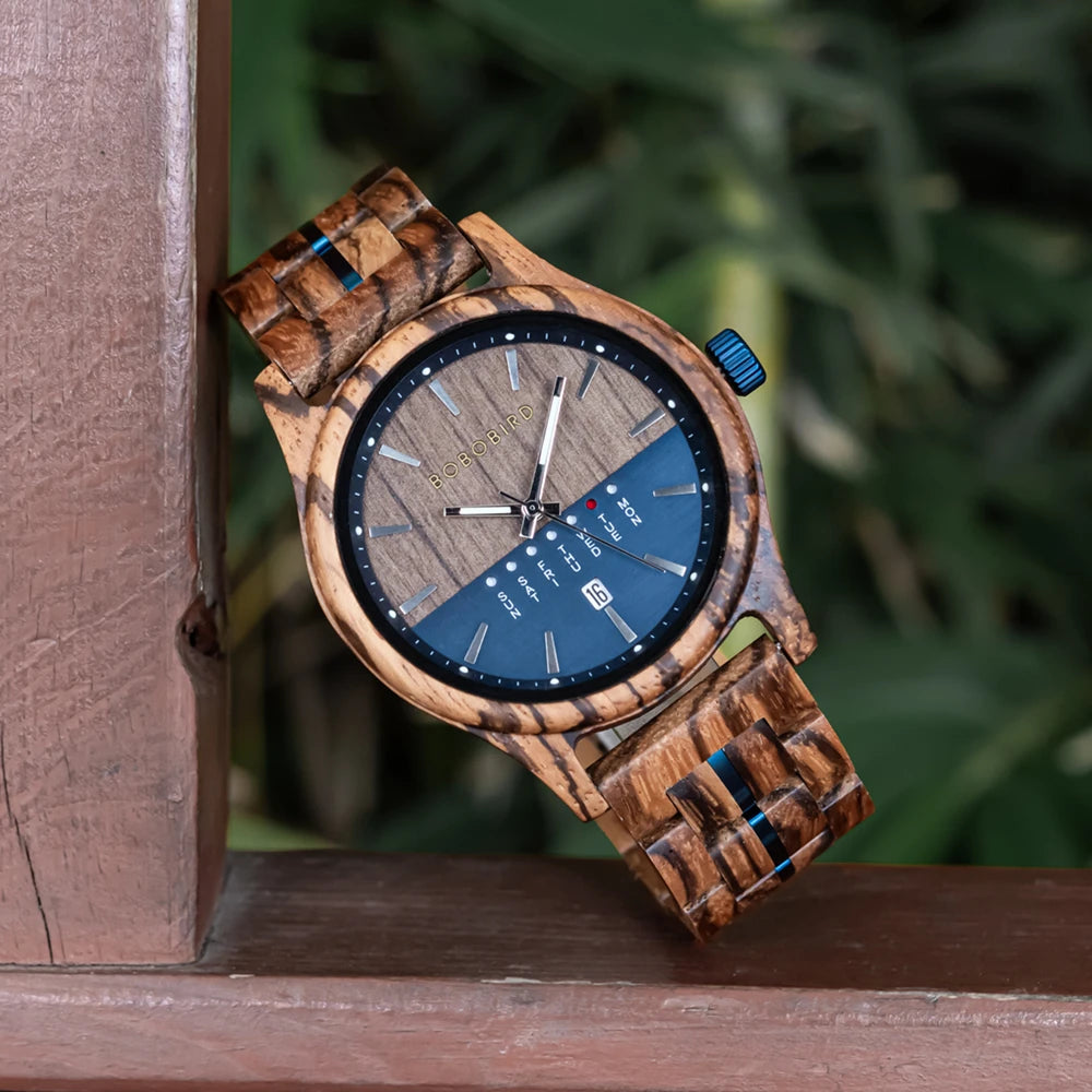RBB Men's Wooden Quartz Watch – Unique Design with Week & Date Display