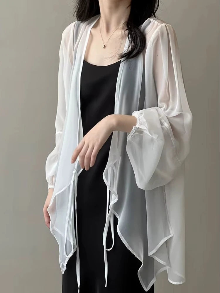 RBB Women's V-Neck Chiffon Shirt – Loose Fit Lace-Up Long Sleeve Summer Blouse