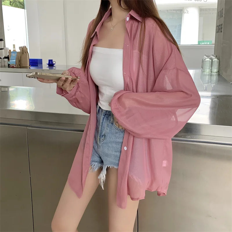 RBB Women’s Semi-Sheer Shimmer Long Sleeve Shirt – Lightweight Button-Down Collared Top for Spring/Summer