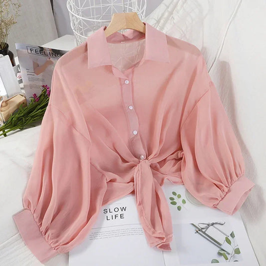 RBB Women's Elegant Hollow Blouse – Tied Waist Chiffon Shirt with Bat Half Sleeves (Summer