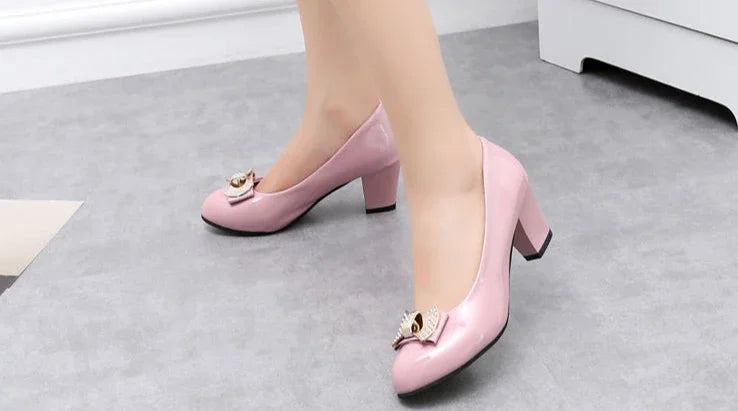 RBB Luxury Y2K Block Heel Pumps with Bow – Formal Chunky Heels for Women