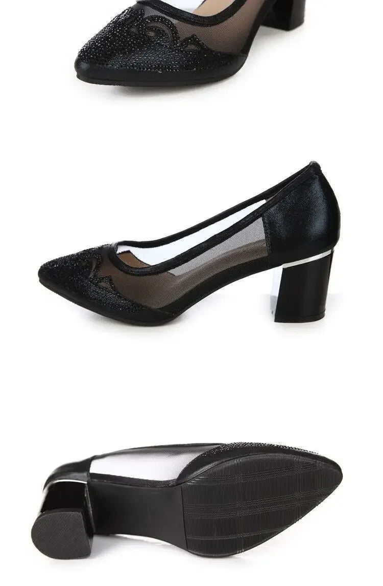 RBB Diamond Crystal Rhinestone Medium Heel Square Pumps – Elegant Women’s Dress Shoes 2025 Trend