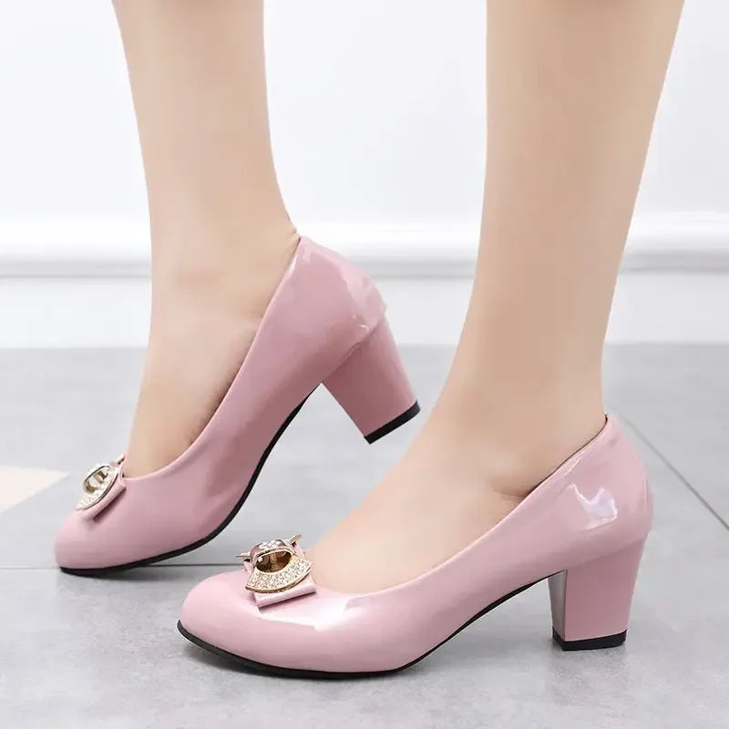 RBB Luxury Y2K Block Heel Pumps with Bow – Formal Chunky Heels for Women