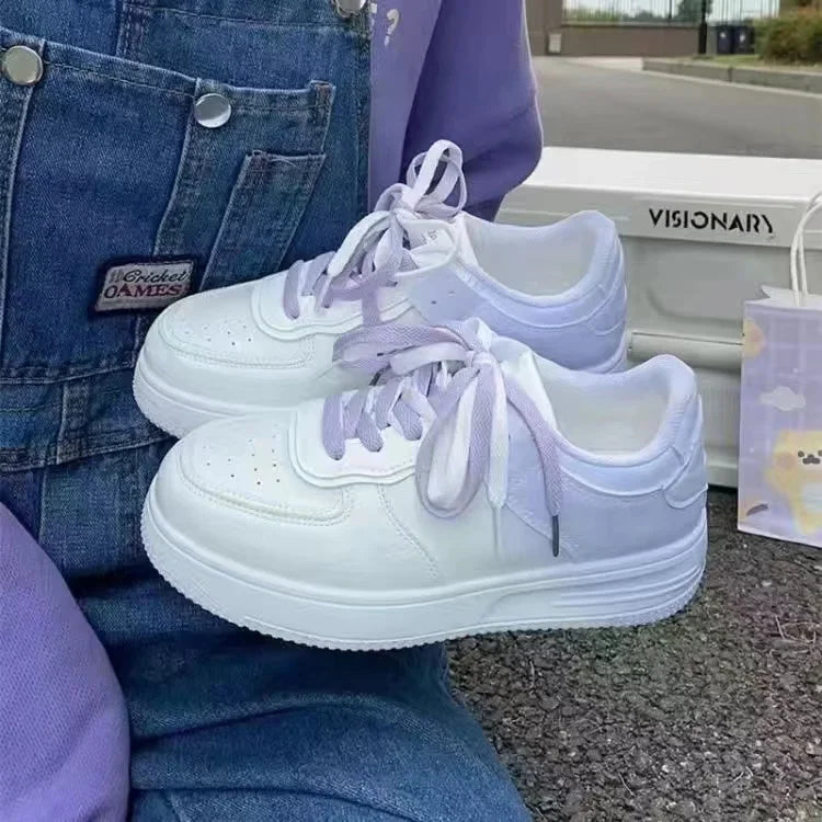 Women’s Casual White Flat Shoes – Spring & Summer 2023, Lightweight Lace-Up Board Sneakers for Students