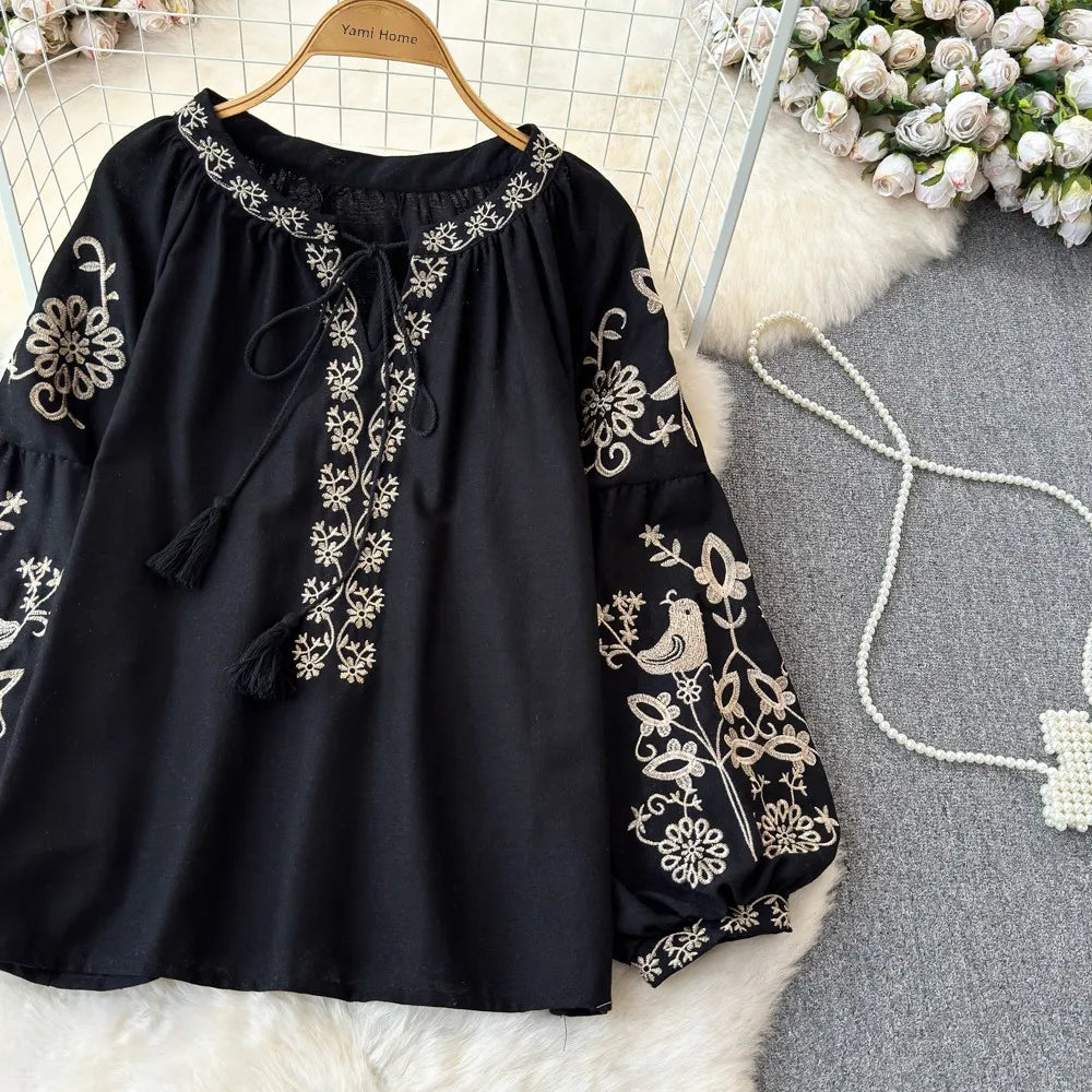 RBB Women's Retro Ethnic Embroidered Shirt –  Style Loose Long Sleeve Blouse