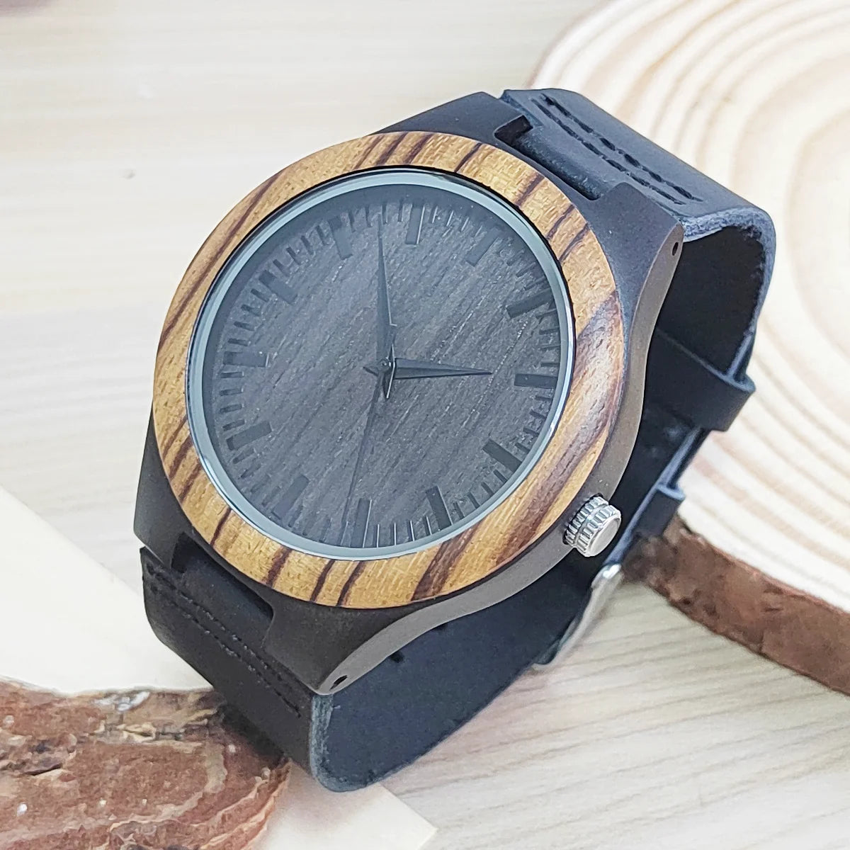 RBB Personalized Wooden Quartz Watch – Unisex Leather Strap, Custom Engraving, Gift-Ready
