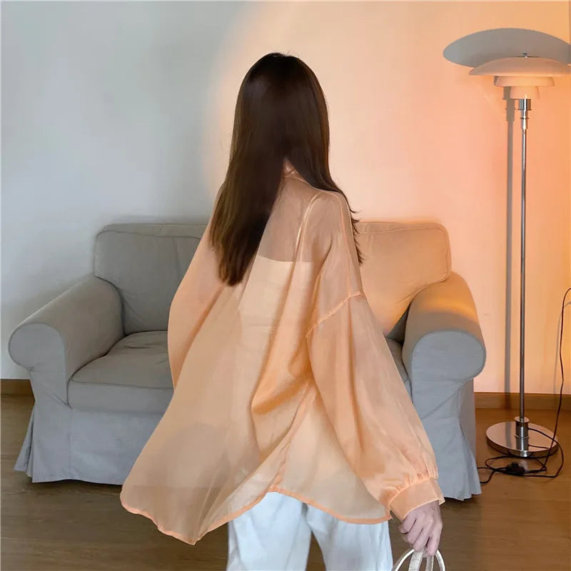 RBB Women’s Semi-Sheer Shimmer Long Sleeve Shirt – Lightweight Button-Down Collared Top for Spring/Summer