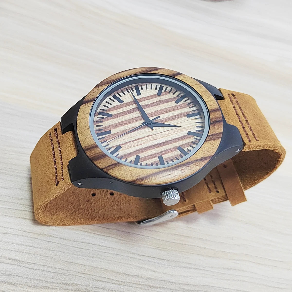 RBB Personalized Wooden Quartz Watch – Unisex Leather Strap, Custom Engraving, Gift-Ready