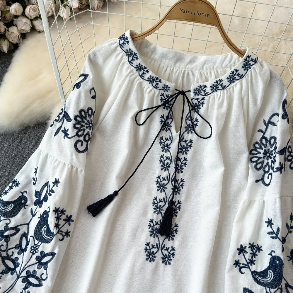 RBB Women's Retro Ethnic Embroidered Shirt –  Style Loose Long Sleeve Blouse