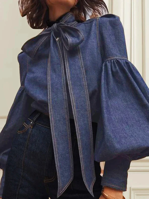 RBB Women's Imitation Denim Blouse – High Neck Puff Sleeve Top with Bow Detail