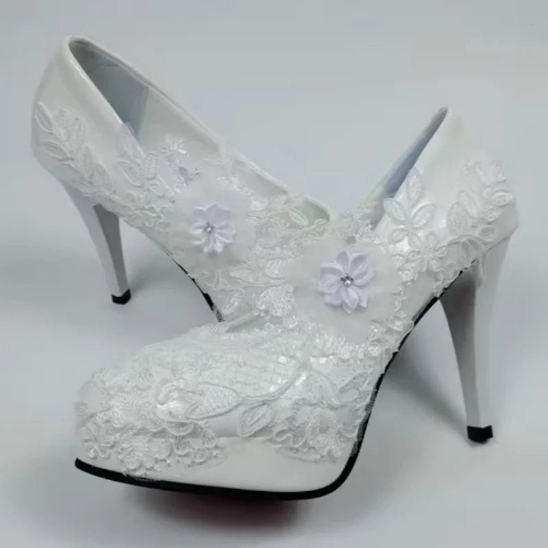 RBB Spring New Round-Toe Waterproof Platform Lace Rhinestone Low-Heel Wedding Shoes – Thin High-Heeled Dress Shoes