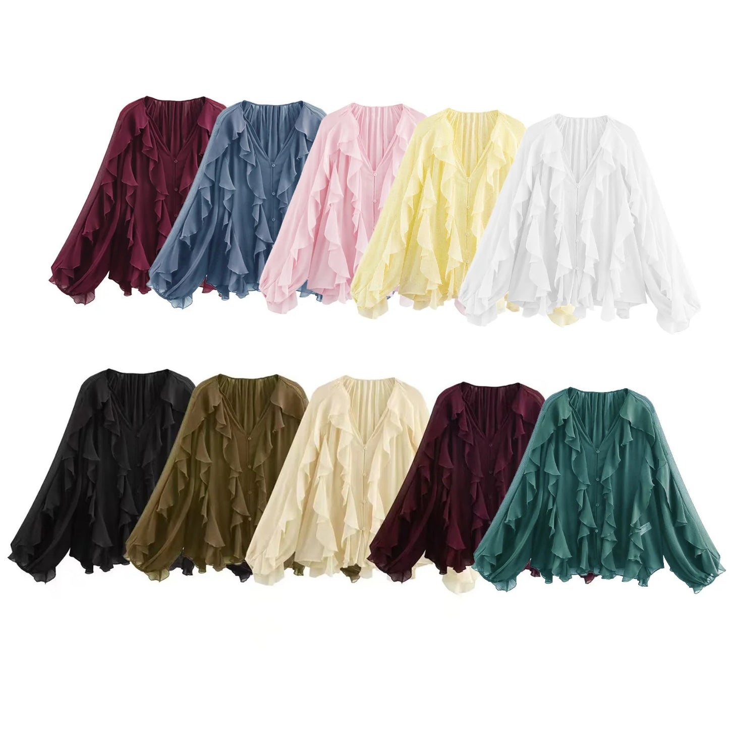 RBB Women's Summer V-Neck Ruffle Blouse – Sheer Tiered Button-Front Beach Top