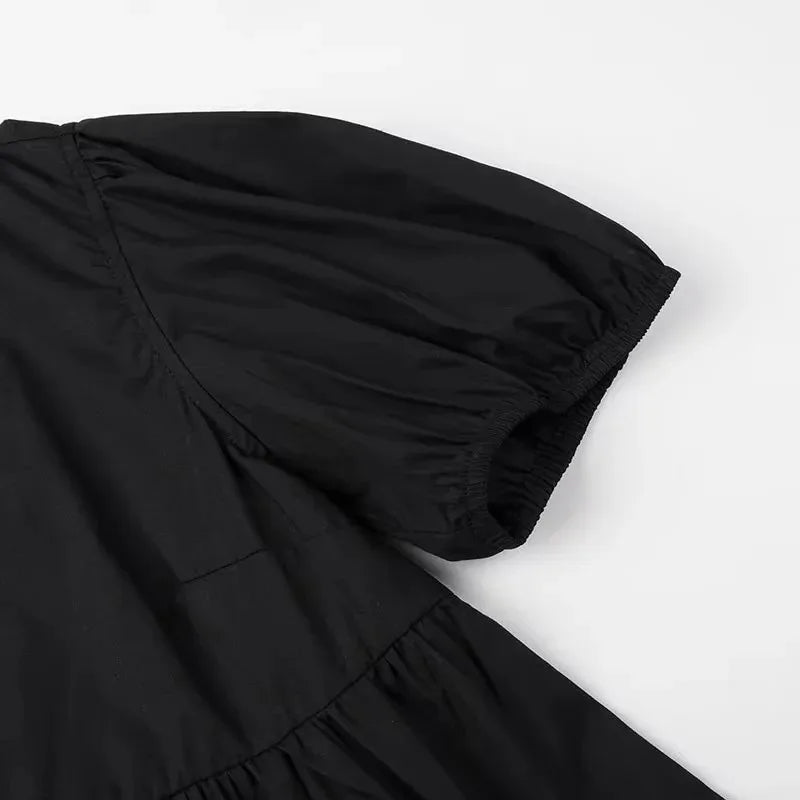 RBB Women's Ruffle Puff Sleeve Blouse – Ruched Crop Top Shirt (White & Black)