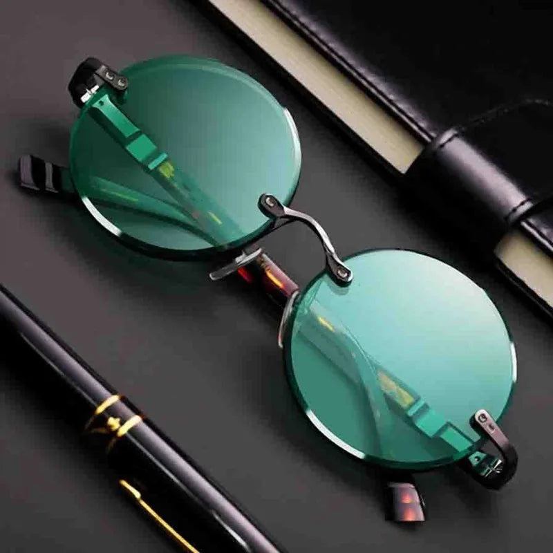 RBB Classic Rimless Retro Round Sunglasses – Unisex Crystal Frame with Dark Green Lenses