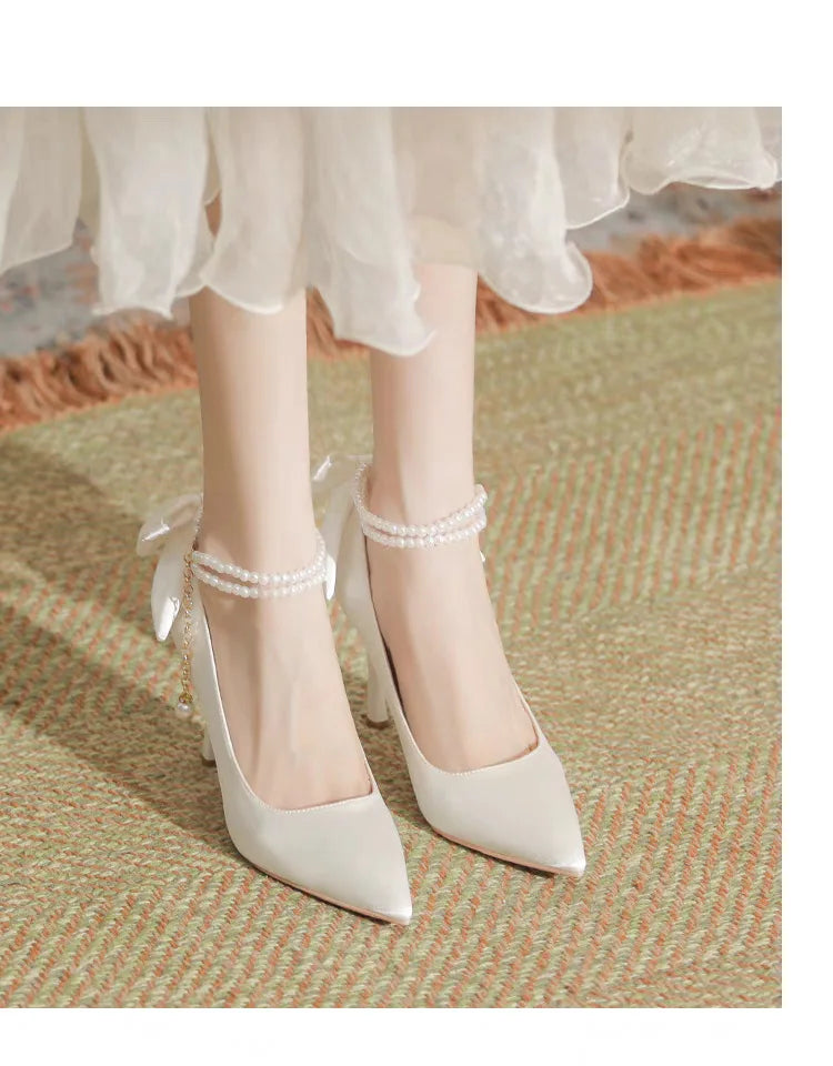 RBB Elegant White Stiletto Heels with Pearl Buckle & Satin Bow – Bridal & Party Pumps (Size 35–40)