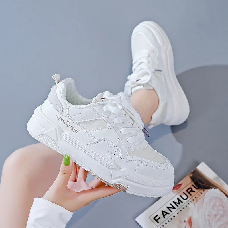 Women’s Platform Sneakers – Autumn 2025, White Breathable Non-Slip Lace-Up Casual Shoes