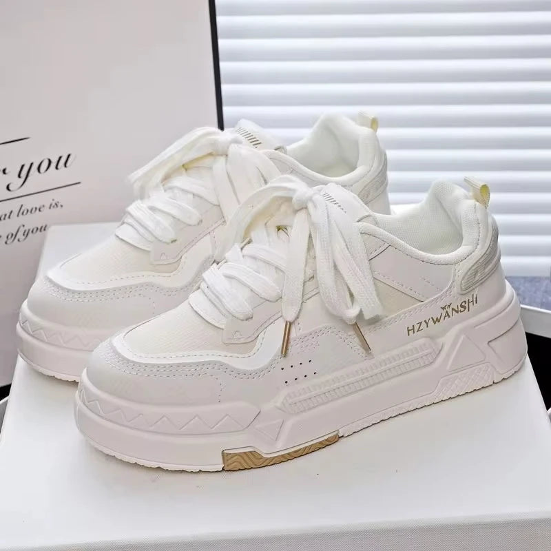 Women’s Platform Sneakers – Autumn 2025, White Breathable Non-Slip Lace-Up Casual Shoes