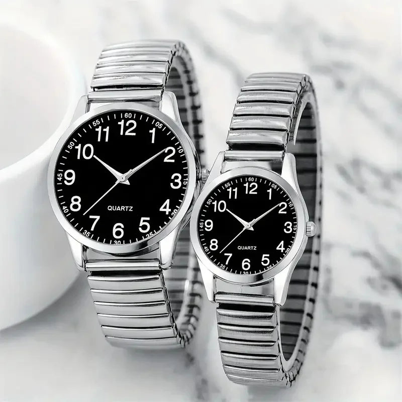 RBB 2PCS Unisex Black Quartz Watch Set – Elastic Band, Arabic Numerals, Matching Couple Watches