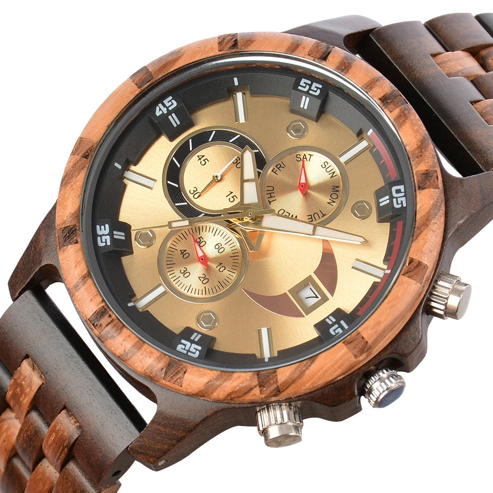RBB Men’s Wooden Quartz Watch – Date & Week Display with Gift Box