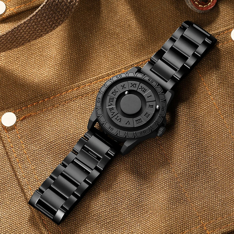 RBB New Men’s Black Stainless Steel Quartz Wristwatch – Magnetic Bead Pointer, Conceptual Dial, Casual Style