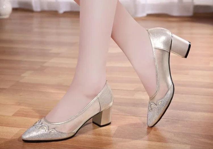 RBB Diamond Crystal Rhinestone Medium Heel Square Pumps – Elegant Women’s Dress Shoes 2025 Trend