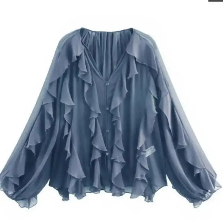 RBB Women's Summer V-Neck Ruffle Blouse – Sheer Tiered Button-Front Beach Top