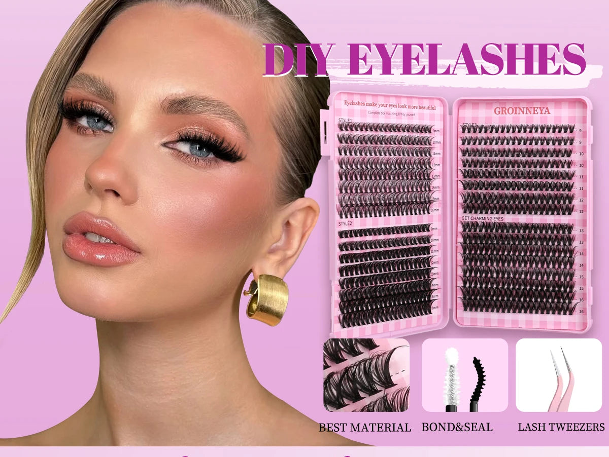 DIY Lash Clusters Set – Mixed Fluffy Individual Extensions with Lash Bond & Seal Kit