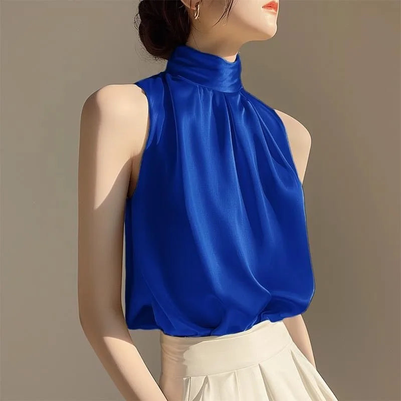 RBB Women's Silky Satin Sleeveless Crop Top – Summer Half Turtleneck Party Blouse