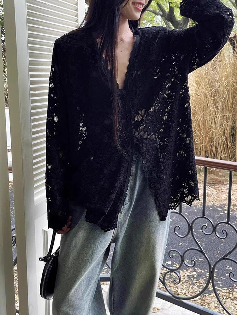 RBB Women's Y2K Lace Sheer Shirt – Sexy Hollow-Out Long Sleeve Streetwear Top