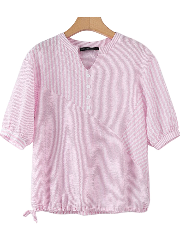 RBB Summer Elegant Striped Women’s Blouse – V-Neck Half Sleeve Loose Fit Drawstring Hem Top