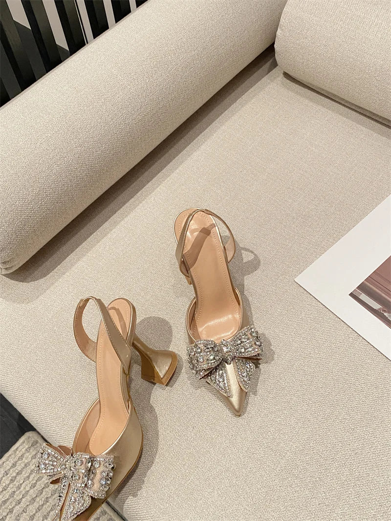 RBB Rhinestone Bow Pointed Toe Pumps – Silk High Heels for Party & Prom