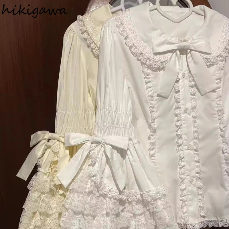 RBB Women's Lolita Lace Ruffle Blouse – Sweet Peter Pan Collar Oversized Flare Sleeve Top