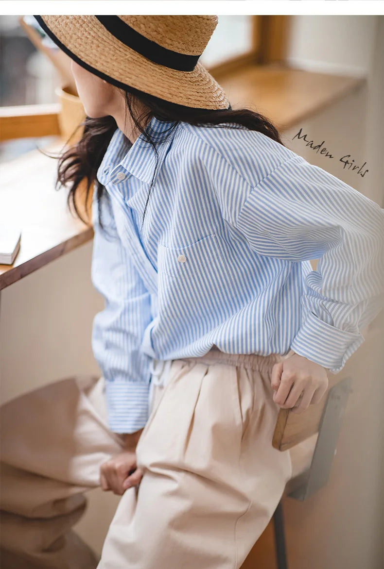 RBB Women's French Classic Striped Shirt – Oversized Long Sleeve Blouse