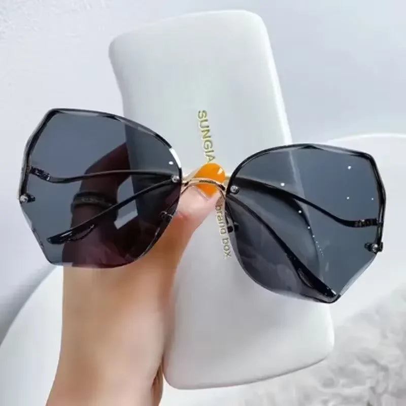 RBB Irregular Rimless Round Sunglasses for Women – Gradient Fashion Designer Shades