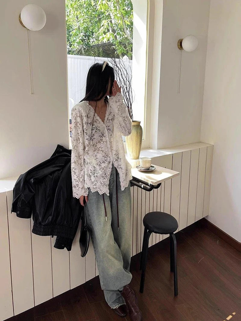 RBB Women's Y2K Lace Sheer Shirt – Sexy Hollow-Out Long Sleeve Streetwear Top